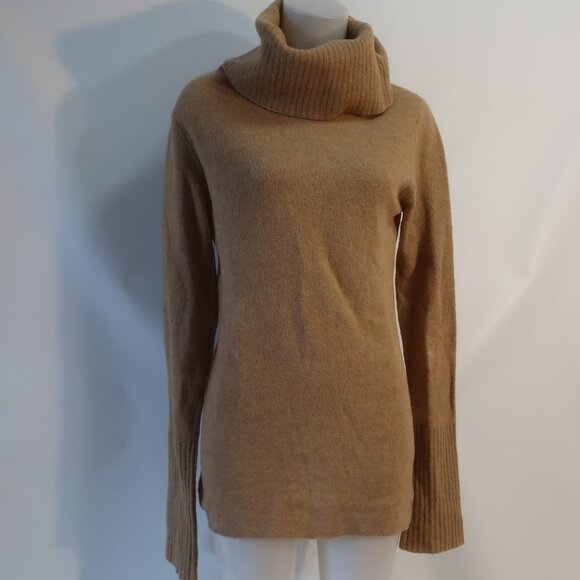 Womens Theory Tan Camel Merino Wool Spandex Blend Turtleneck Tunic Sweater S - Picture 1 of 10